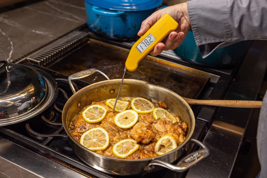 Temping the piccata with a Thermapen