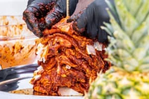 Layering the meat on the spit