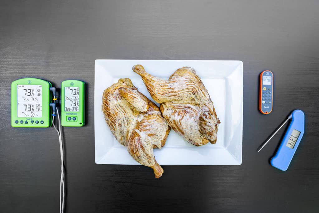 Alabama white sauce BBQ chicken with thermometers
