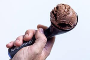 A scoop of homemade chocolate ice cream