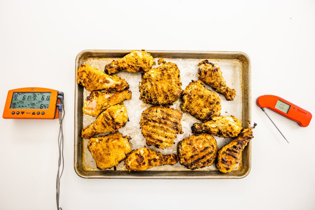 Grilled air-fried chicken with thermometers