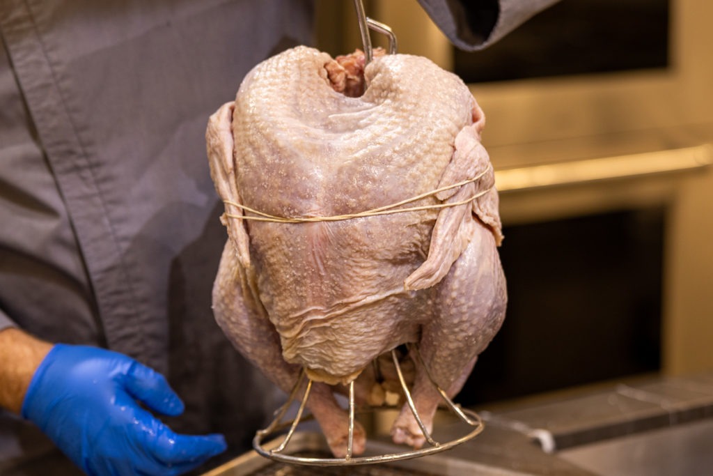 Turkey, trussed on a stand