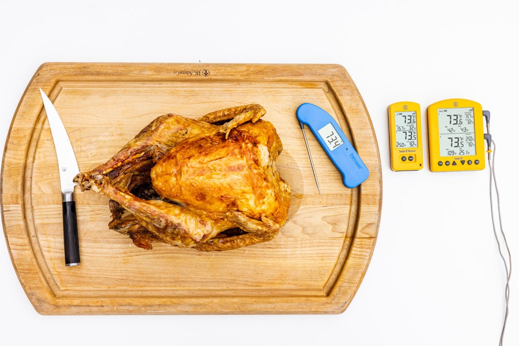 Deep-fried turkey with knife and thermometers