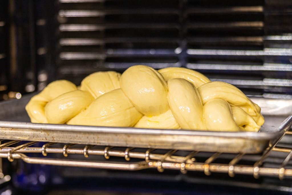 Challah going in the oven