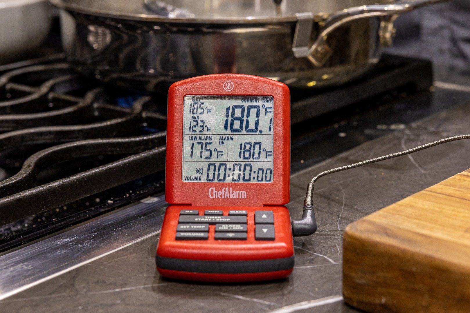 Water at temp for poaching eggs—180°F using Chef Alarm
