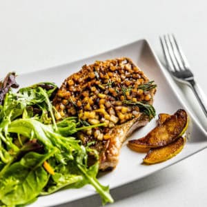 Reverse pan seared pork chops with apple