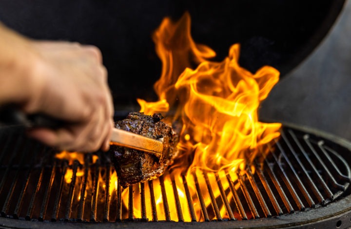 Searing a steak in flame