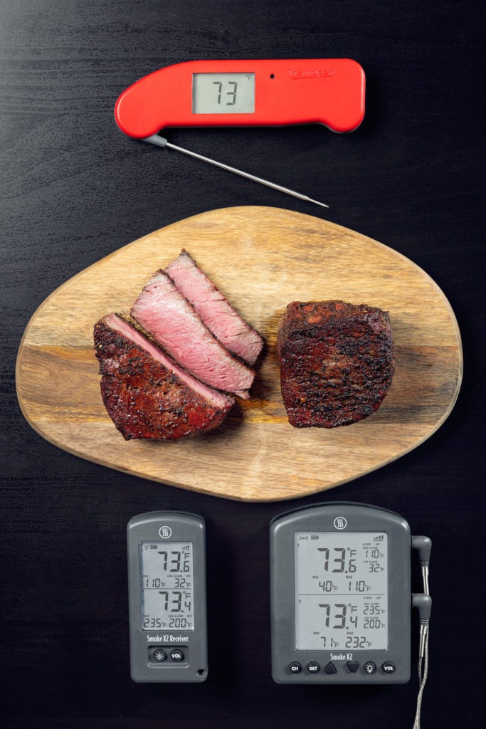 Smoked steak with thermometers
