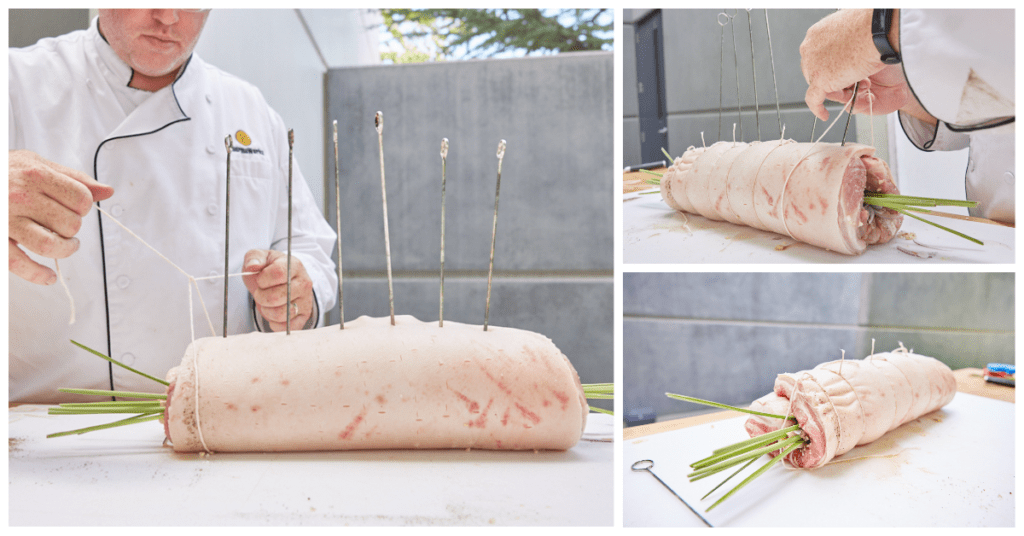Tying the lechon roll