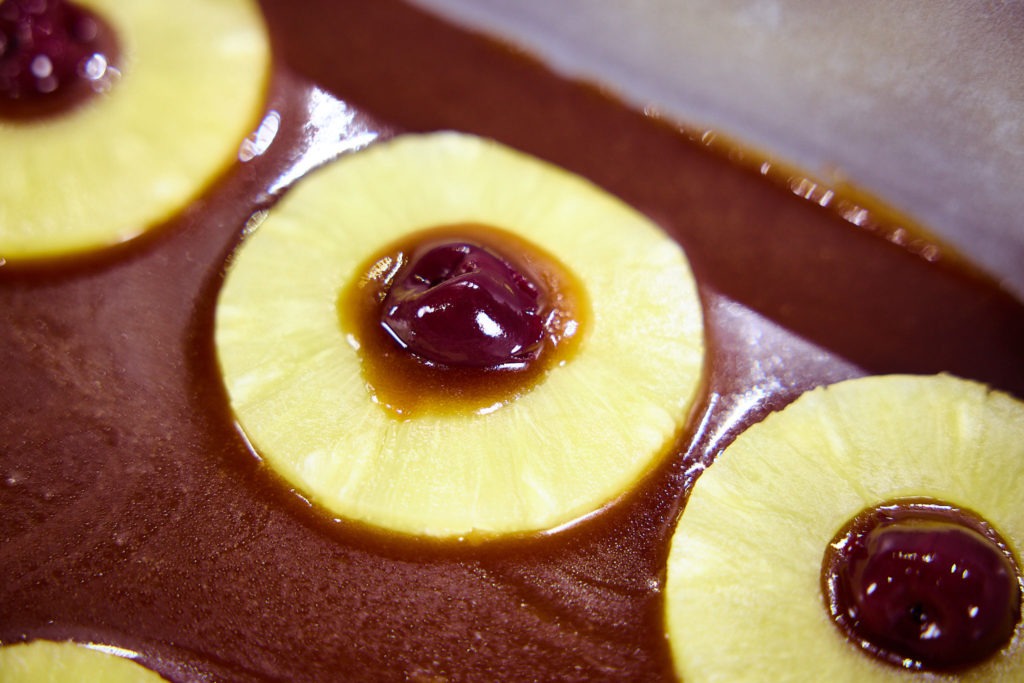 Pineapple and cherries in caramel