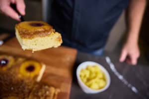 A slice of pineapple upside down cake