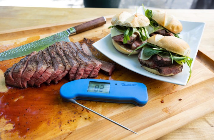 Tri-Tip and tri-tip sandwiches with knife and thermometer