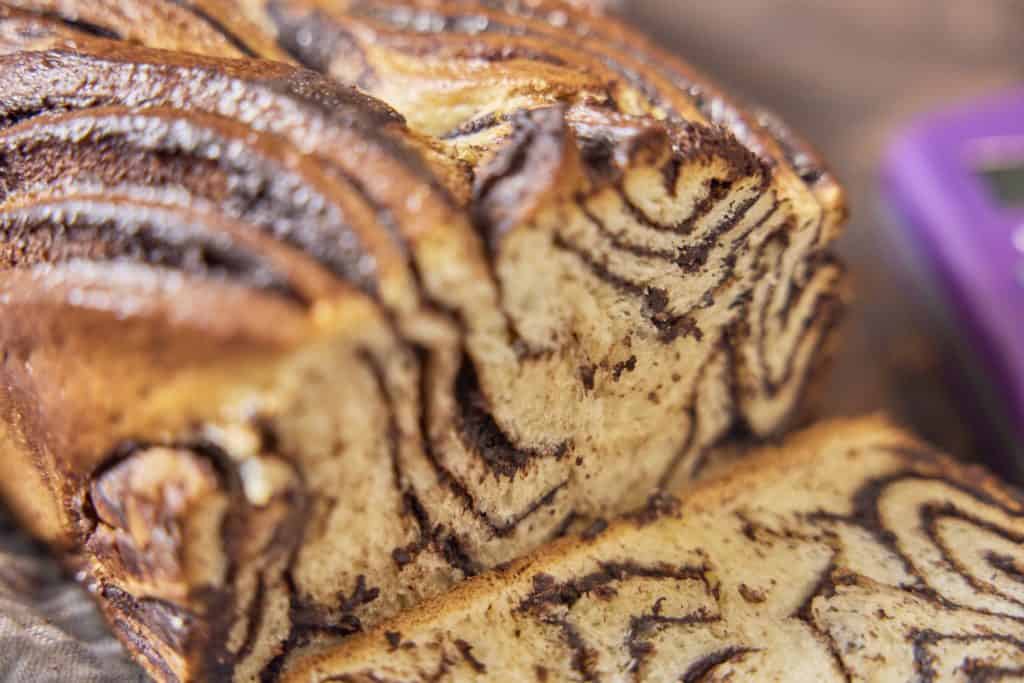 A loaf of babka, sliced open