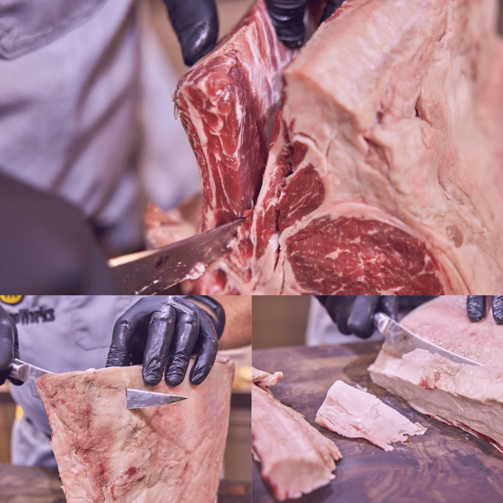 Cutting the bone and excess fat from the rib