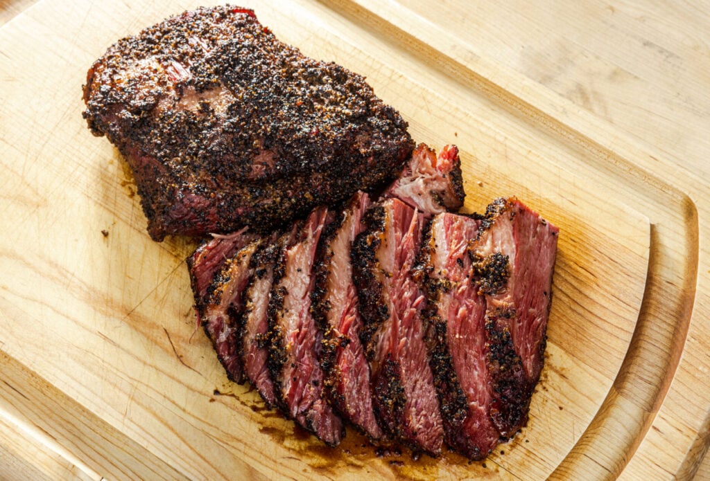 corned beef cooked on cutting board