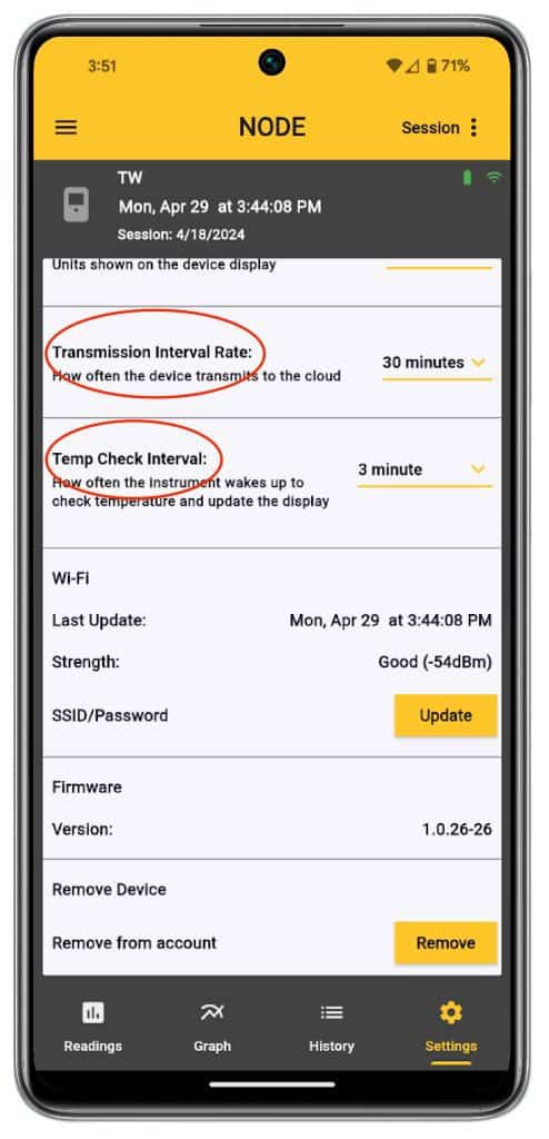 Phone showing transmission and temp check intervals