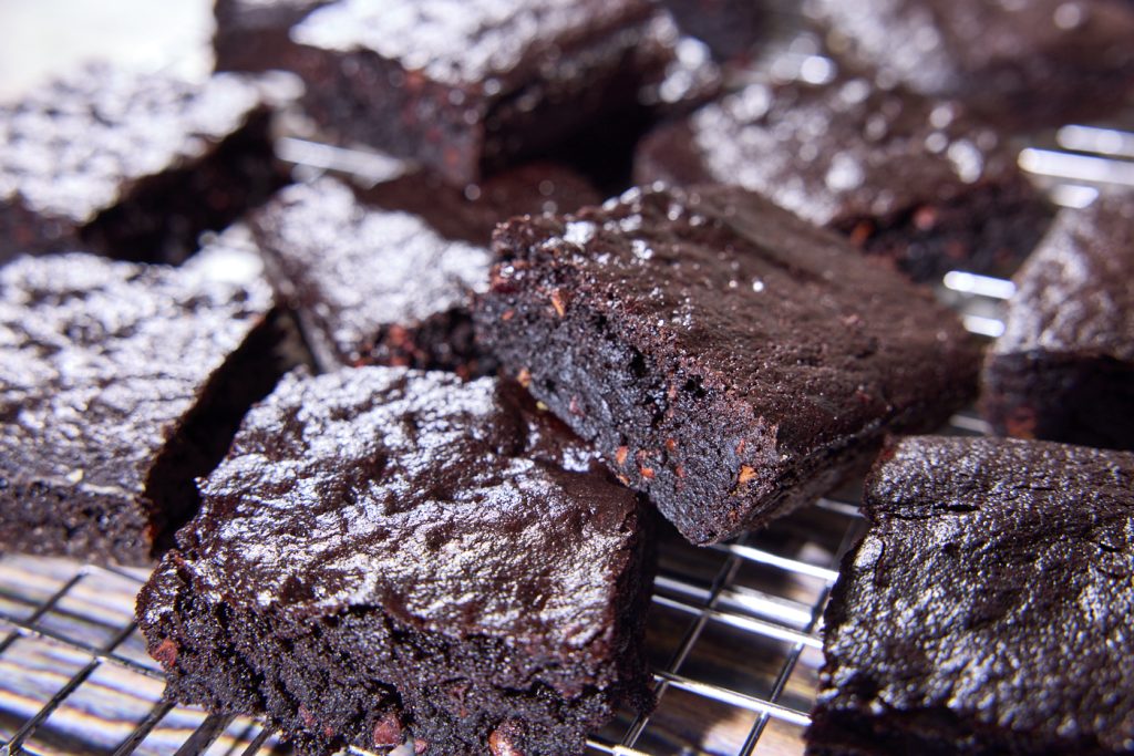 Dark, dense brownies with cacao nibs