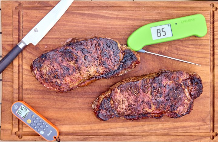 Koji-aged steaks with thermometer, timer, and knife