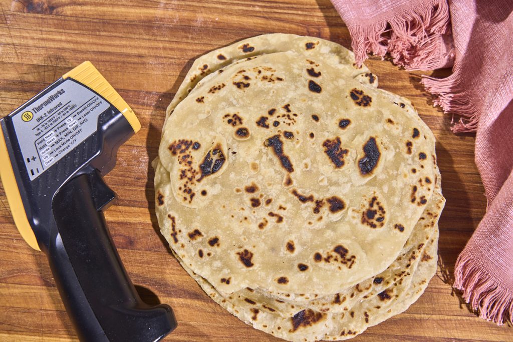 homemade tortillas with IR thermometer
