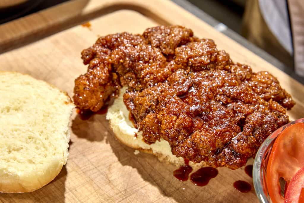 Chicken cutlet coated in chili oil