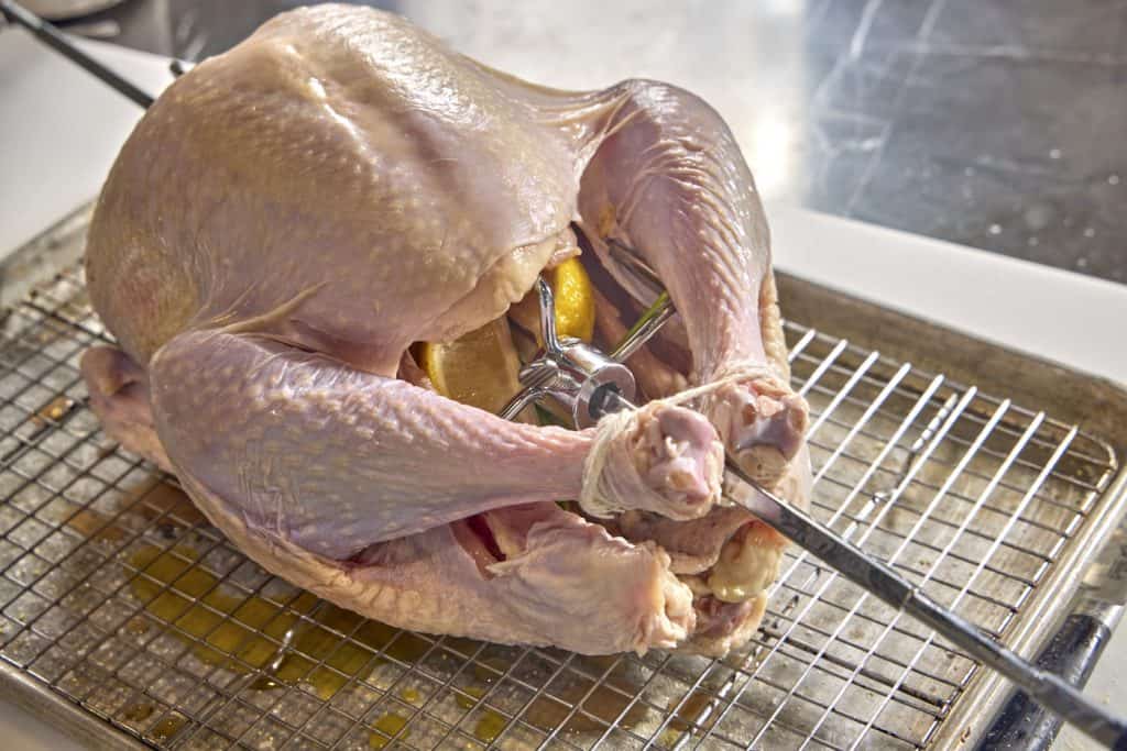 skewered bird on a rotisserie spit