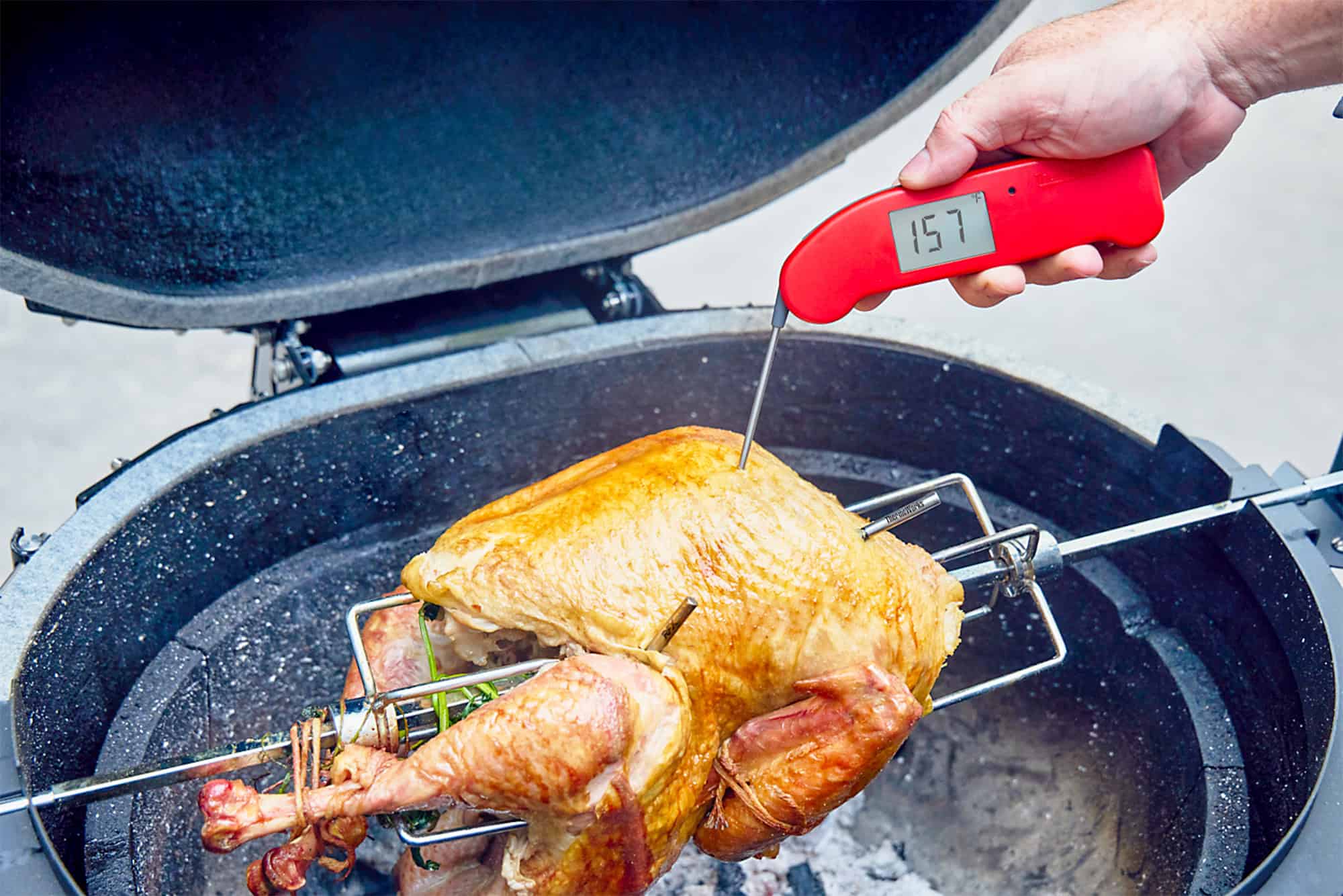 temping the turkey on the rotisserie