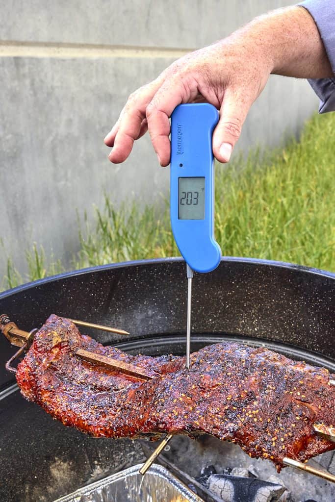 Temping ribs on the rotisserie using Thermapen ONE