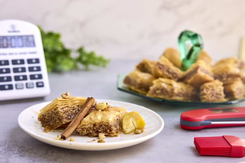 Baklava with brush, timer, and Thermapen ONE