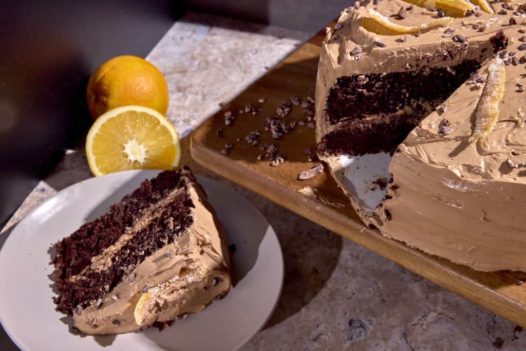 Devils food cake with chocolate frosting