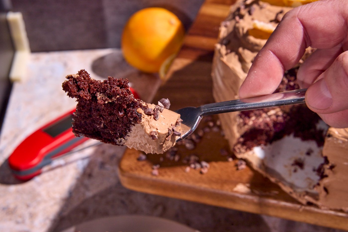 choc cake on a fork