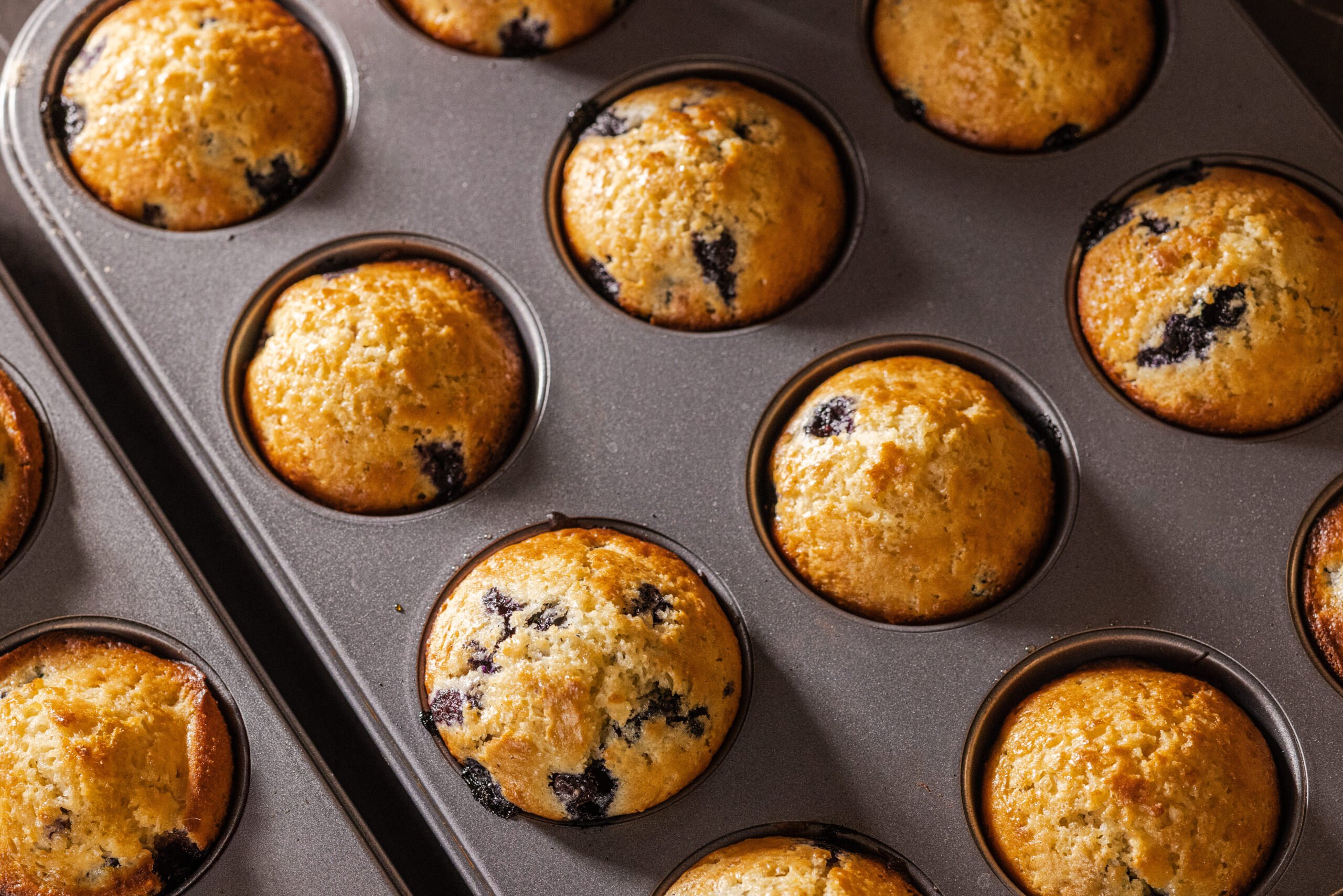 Blueberry muffins in their tin