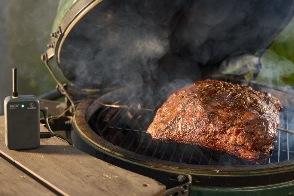 Dino ribs on smoker with RFX GATEWAY in foreground