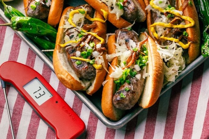 Brats on a platter with Thermapen ONE