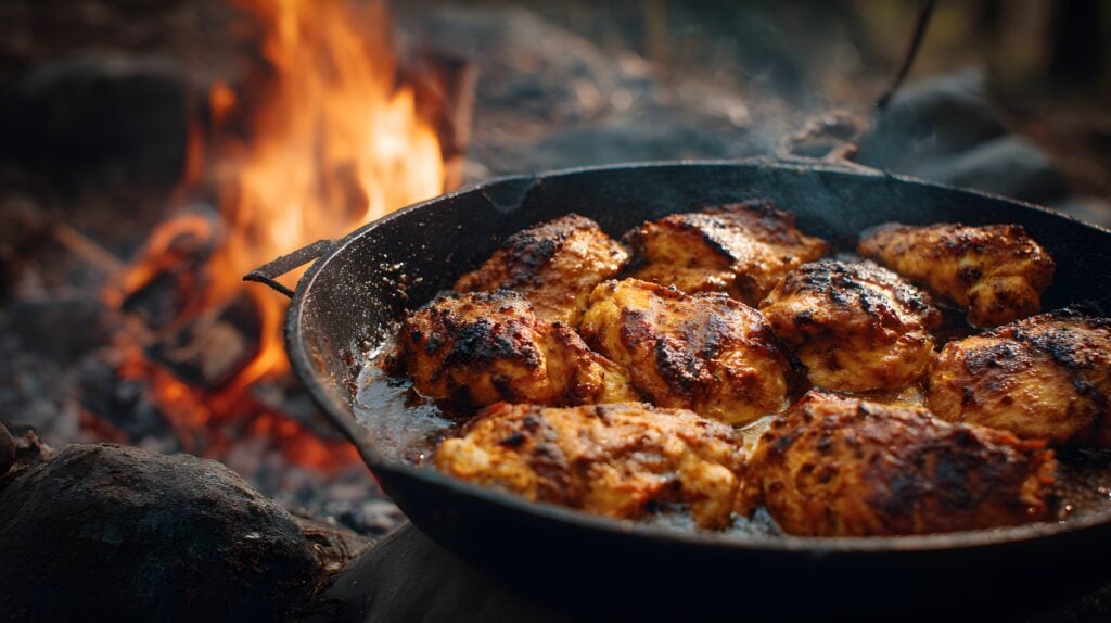 Several pieces of seasoned poultry, likely chicken thighs, are sizzling in hot oil inside a dark cast iron pan situated near the bright, glowing flames of an outdoor campfire. The background is dark and suggests a wilderness or camping setting with visible ash and rocks surrounding the heat source, emphasizing a rustic, primal method of meal preparation.