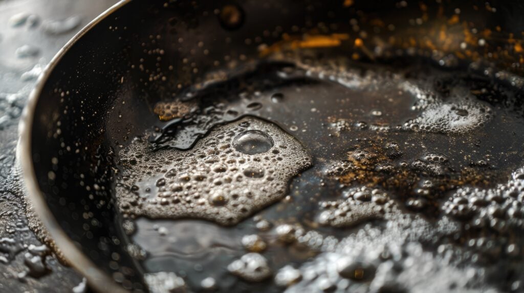 Close-up of black cast iron frying pan with stains and splashes. Daily routine life. Washing dishes, dirty utensil covered in foam from dishwashing detergent. Housekeeping concept. Cleaning tableware.