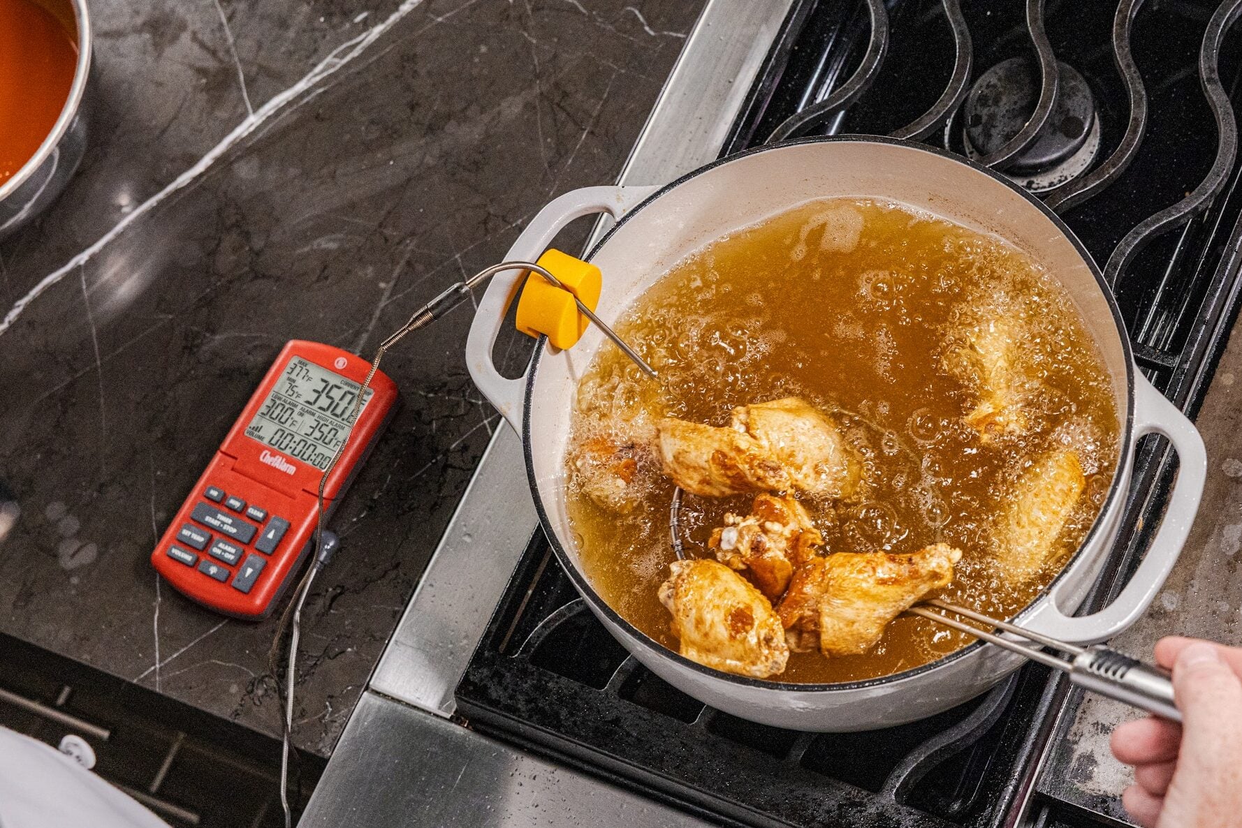 Wings in the fryer, ChefAlarm tracking temps